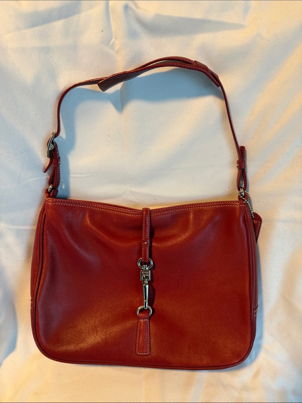 Vintage Coach Red Leather Shoulder Bag with lobster clasp silver Hardware